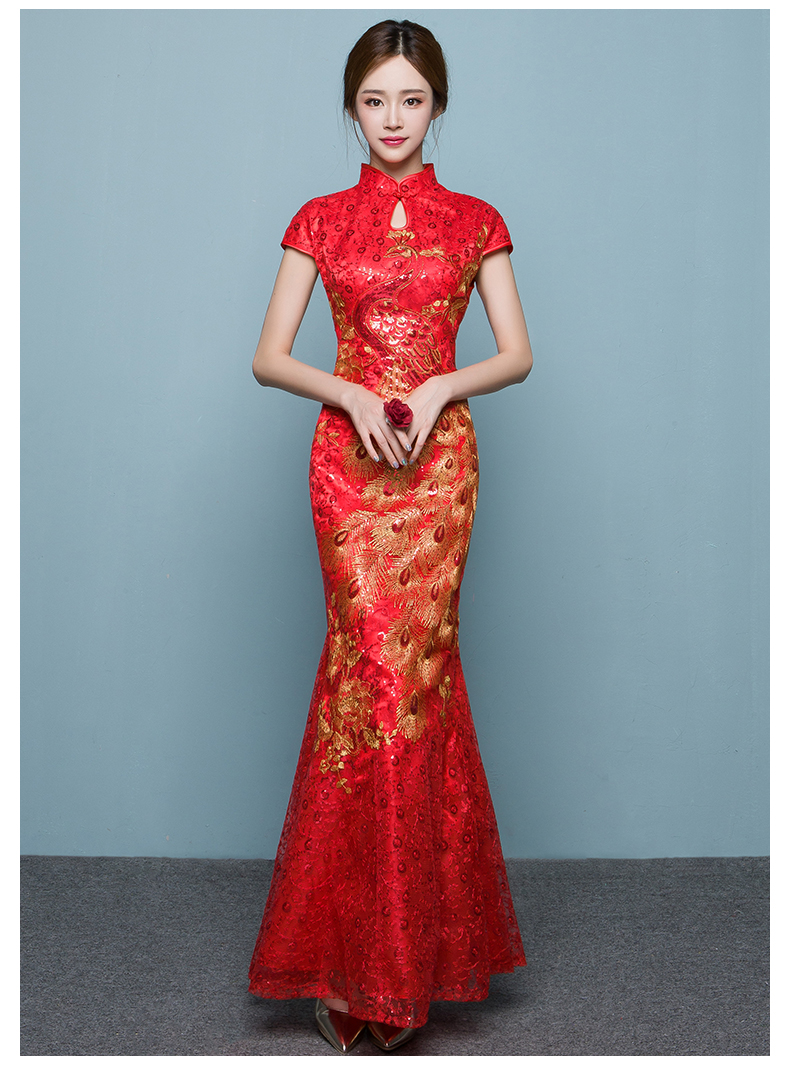 中國風魚尾中式禮服，紅色蕾絲繡花晚禮服