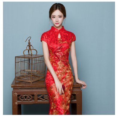 中國風魚尾中式禮服，紅色蕾絲繡花晚禮服