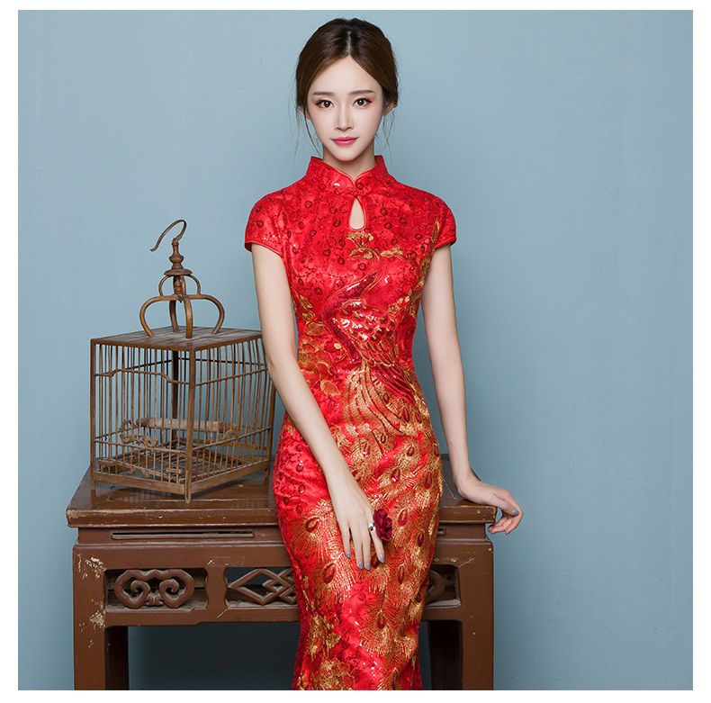 中國風魚尾中式禮服，紅色蕾絲繡花晚禮服