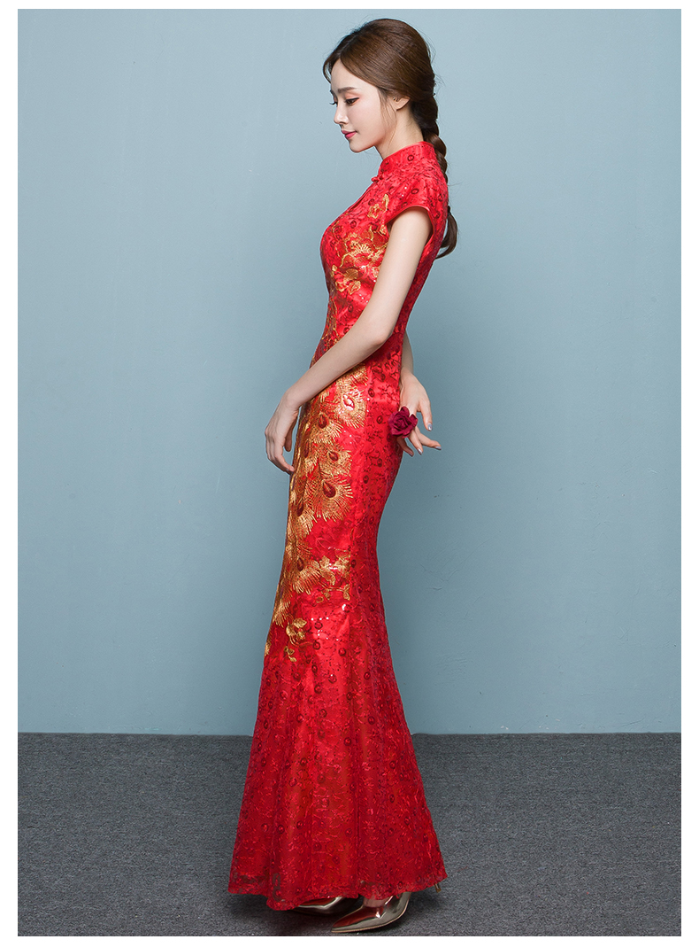中國風魚尾中式禮服，紅色蕾絲繡花晚禮服