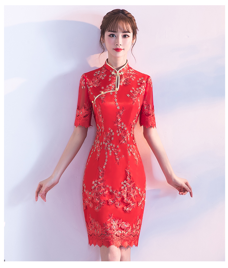 典雅復古唯美中式禮服，短款奢華中式繡花旗袍