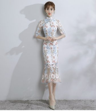 時尚氣質淑女旗袍，改良蕾絲魚尾旗袍裙
