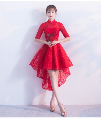 時尚蕾絲中式禮服，前長后短紅色晚禮服
