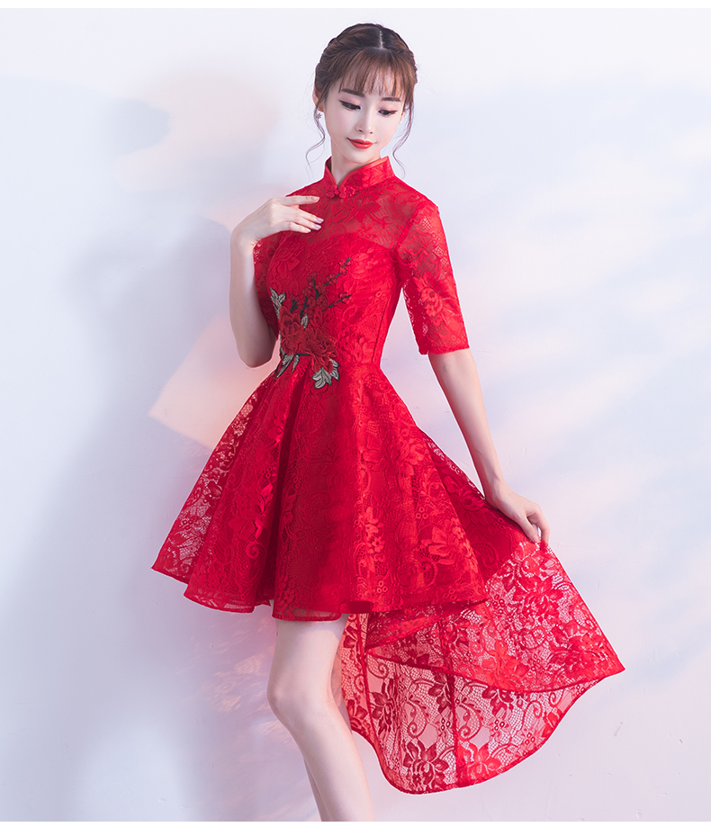 時尚蕾絲中式禮服，前長后短紅色晚禮服