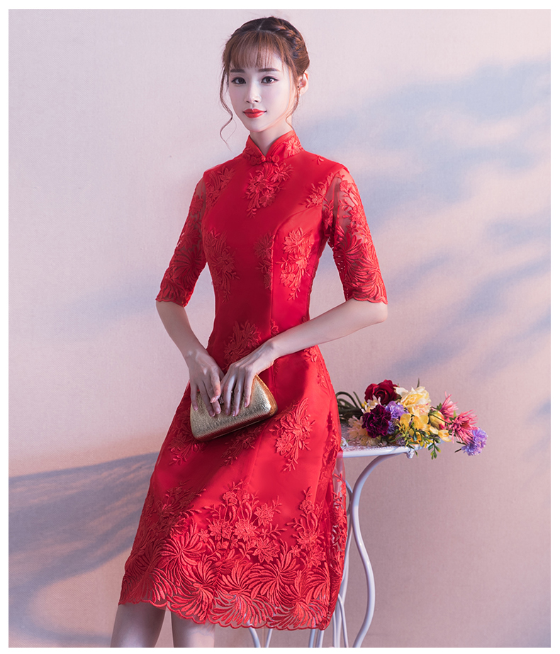 中袖立領(lǐng)中式禮服，復(fù)古中國(guó)風(fēng)紅色晚禮服