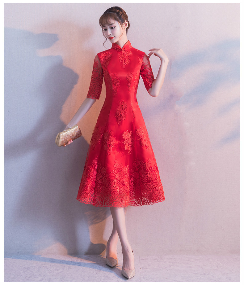 中袖立領(lǐng)中式禮服，復(fù)古中國(guó)風(fēng)紅色晚禮服