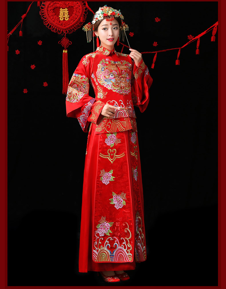 古典中國風(fēng)中式禮服，紅色結(jié)婚新娘禮服