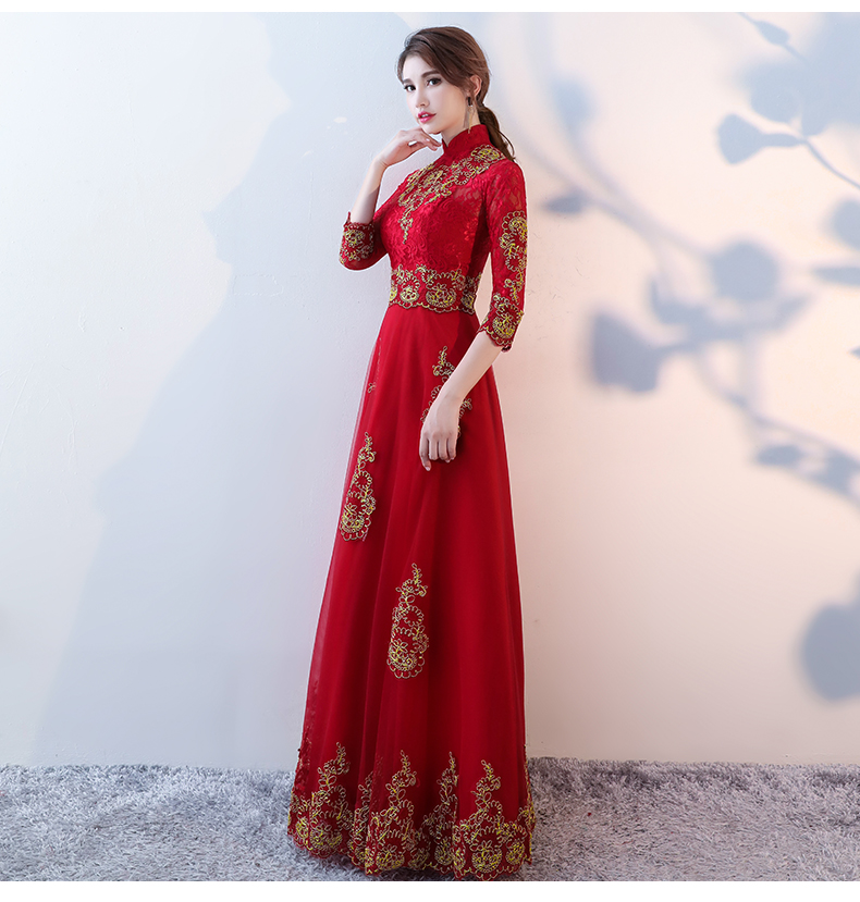 端莊典雅中式禮服，紅色蕾絲長款晚禮服