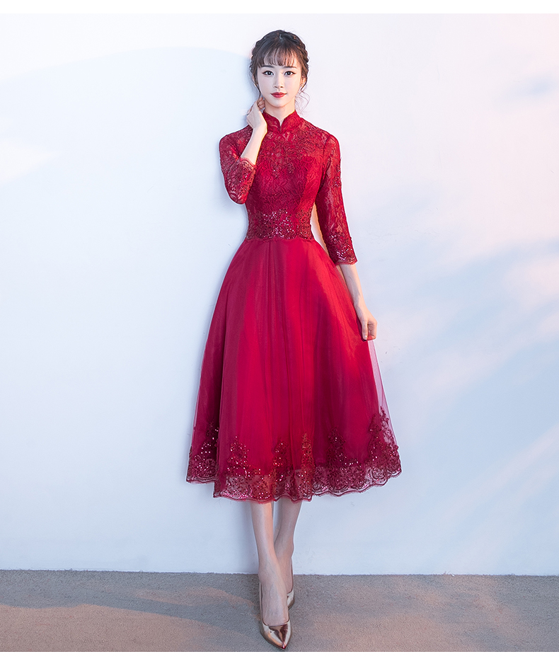 中國風紅色中式禮服，長袖修身晚禮服