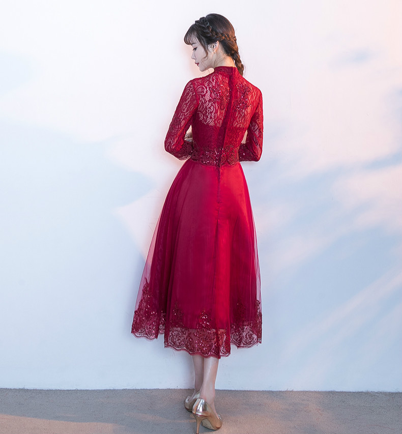 中國風紅色中式禮服，長袖修身晚禮服