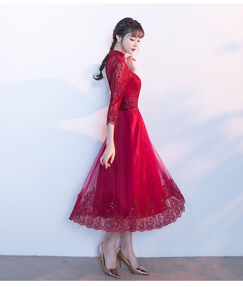 中國風紅色中式禮服，長袖修身晚禮服