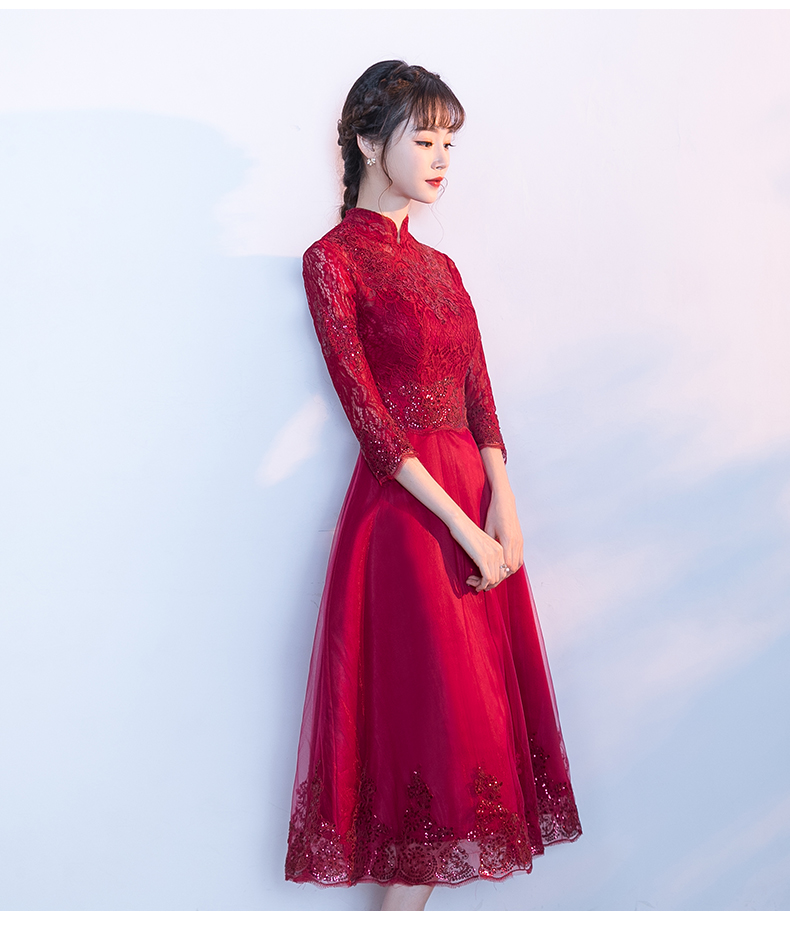 中國風紅色中式禮服，長袖修身晚禮服