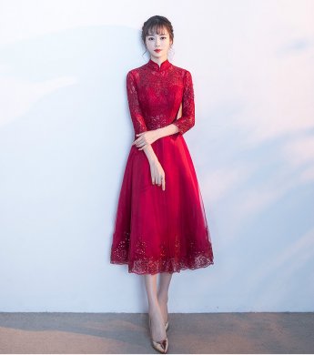 中國風紅色中式禮服，長袖修身晚禮服
