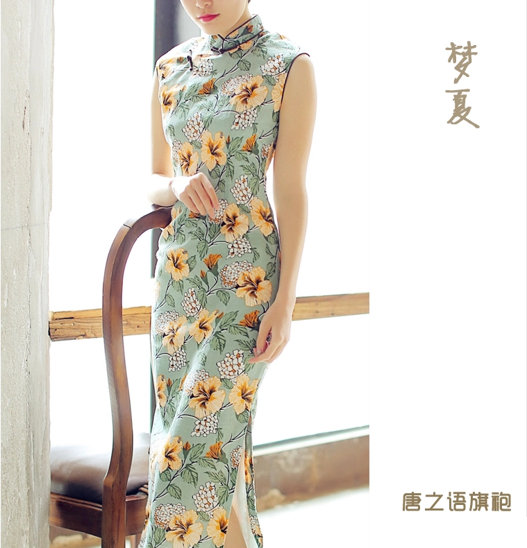 時尚棉麻長款旗袍，復古印花旗袍