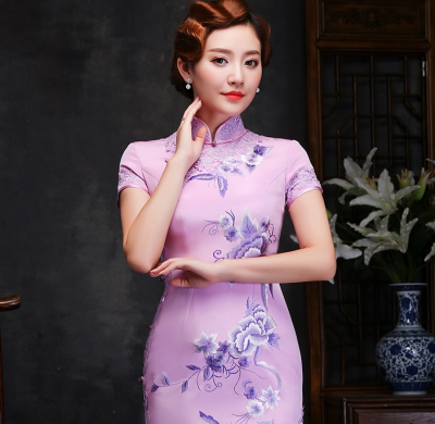 真絲繡花旗袍，復古氣質蕾絲鑲邊旗袍