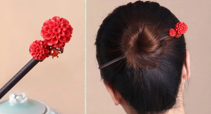 中國風漆雕花朵民族風紅色簪子新娘頭飾