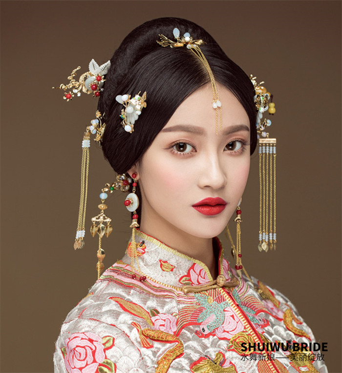 古玉串珠中式流蘇頭飾，新娘古裝發飾套裝