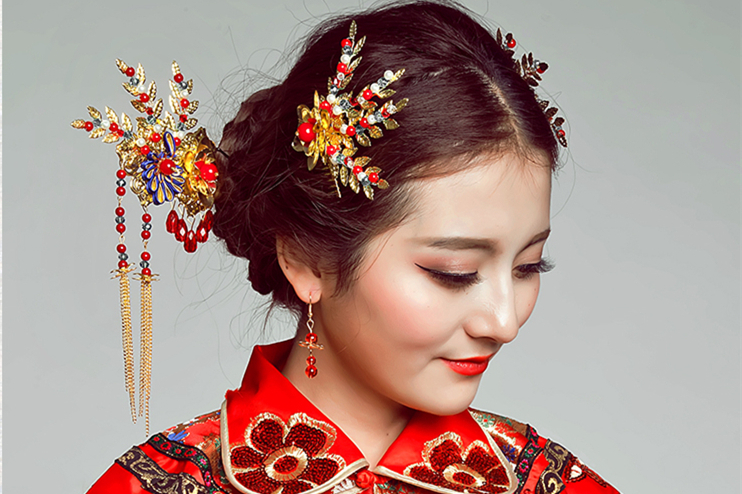 手工精美發飾紅雀，古代紅色中式發插