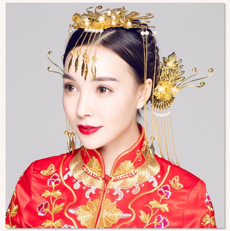 步搖古典造型新娘頭飾，金色花枝高貴發飾