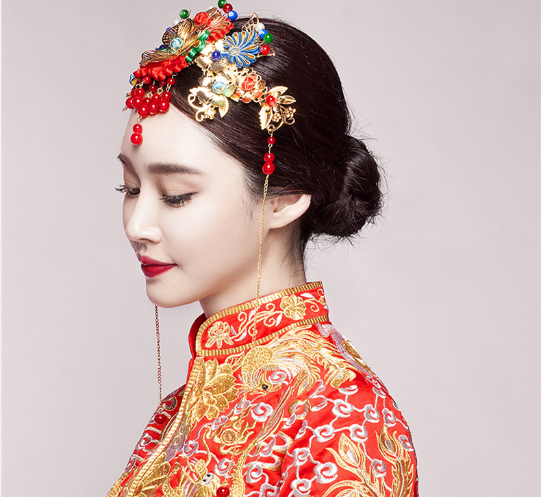 五彩金片花朵紅珠頭飾，新娘精美發(fā)飾