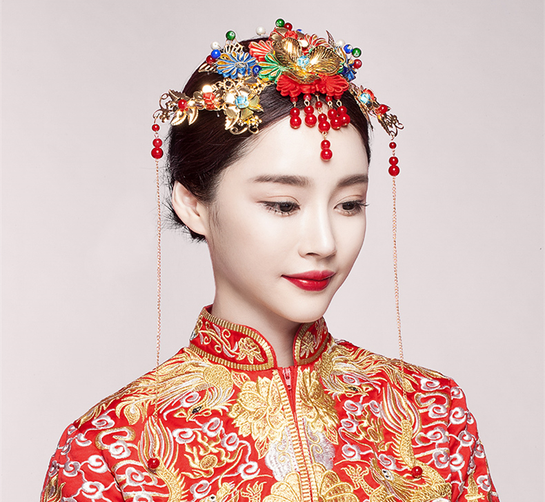 五彩金片花朵紅珠頭飾，新娘精美發(fā)飾