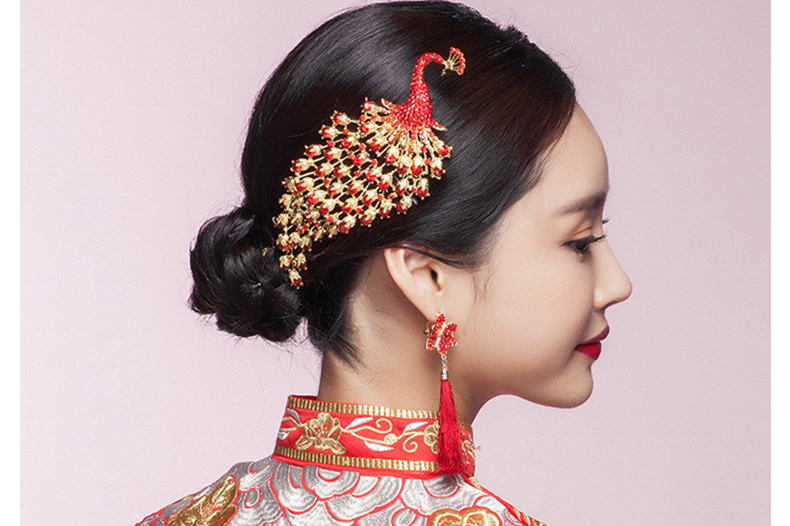 金色中式新娘鳳凰頭飾，盤發插梳敬酒服發飾