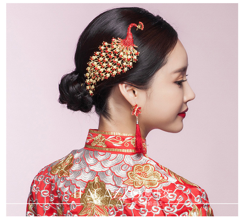 金色中式新娘鳳凰頭飾，盤發(fā)插梳敬酒服發(fā)飾