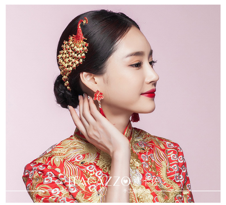 金色中式新娘鳳凰頭飾，盤發(fā)插梳敬酒服發(fā)飾