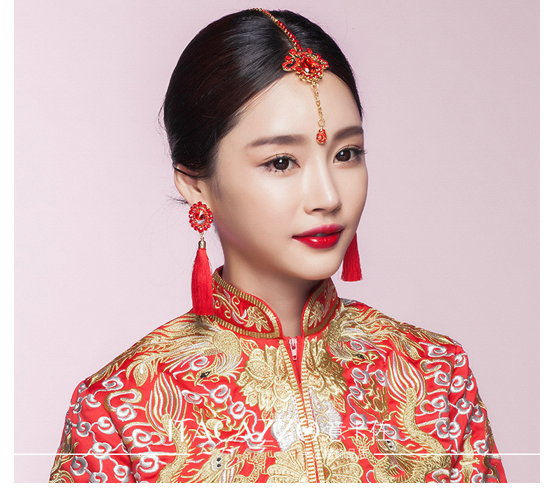 中國風頭飾紅色眉心墜，古風新娘妝額飾