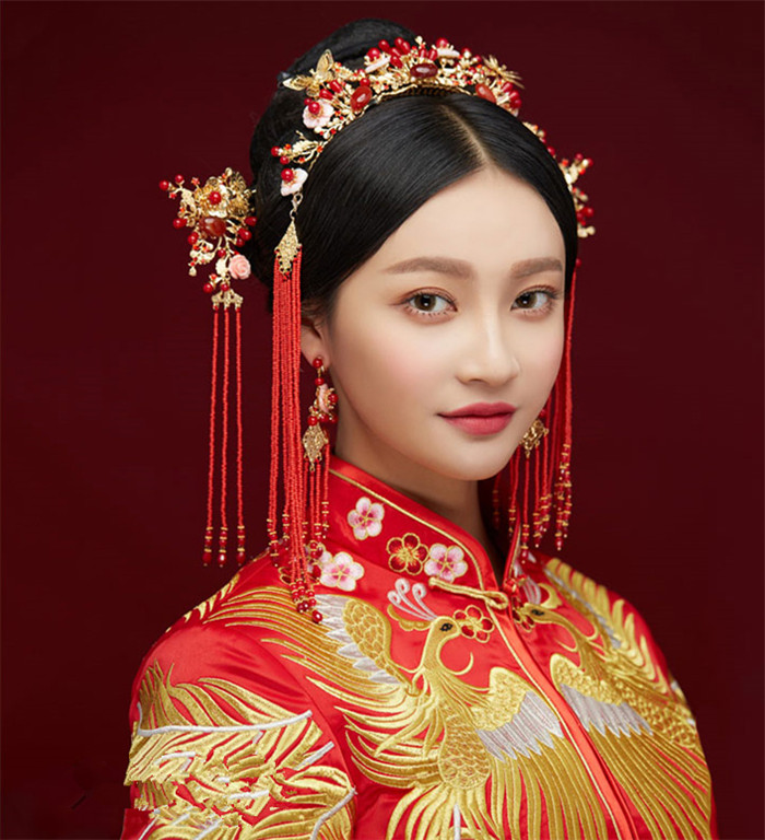金底紅古風頭飾，復古貝殼花流蘇發簪