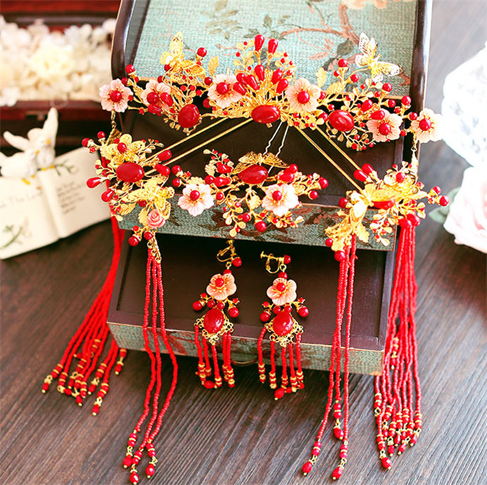 金底紅古風頭飾，復古貝殼花流蘇發簪