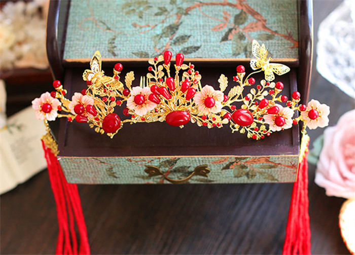 金底紅古風(fēng)頭飾，復(fù)古貝殼花流蘇發(fā)簪