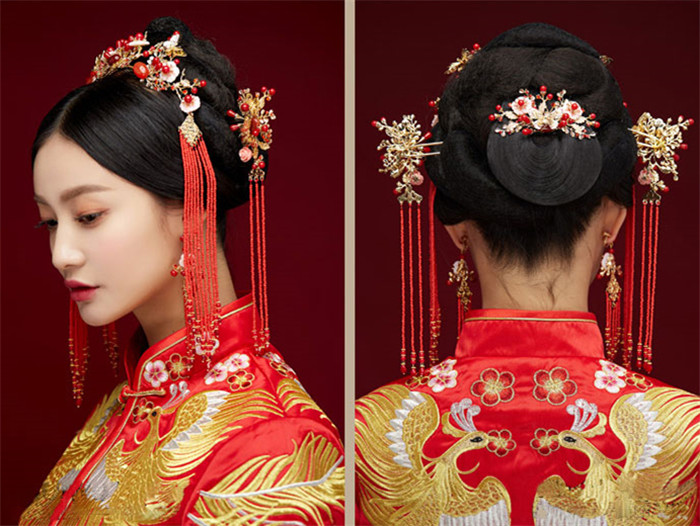 金底紅古風頭飾，復古貝殼花流蘇發簪