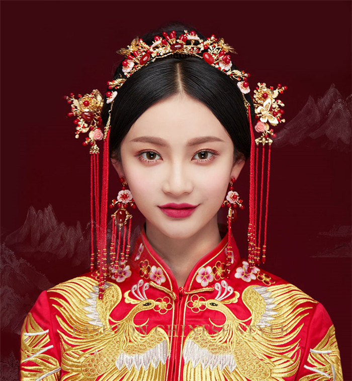 金底紅古風頭飾，復古貝殼花流蘇發簪