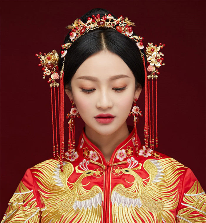金底紅古風頭飾，復古貝殼花流蘇發簪