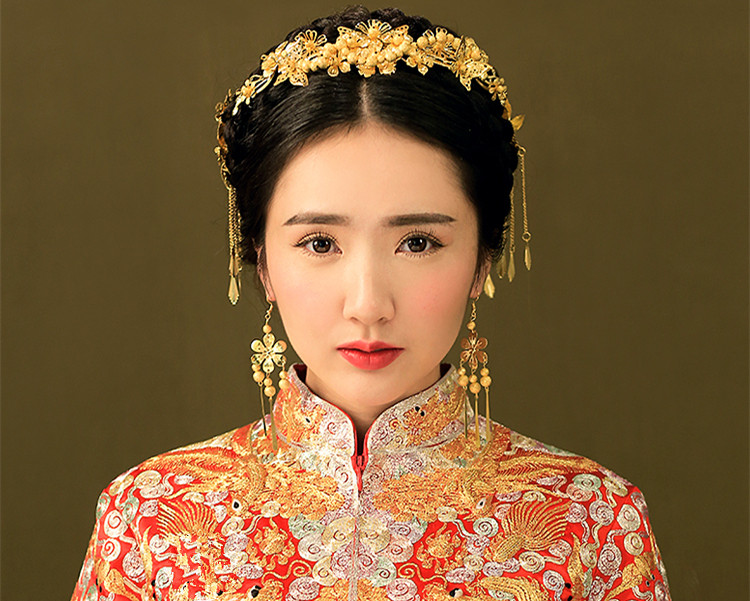 中式新娘步搖頭飾，金色古裝發飾套裝