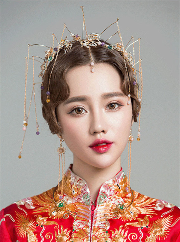 中式古典純手工發飾，婚禮頭飾蝴蝶彩珠