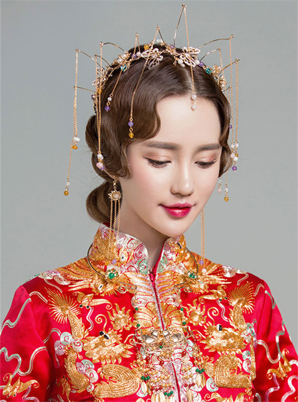 中式古典純手工發飾，婚禮頭飾蝴蝶彩珠