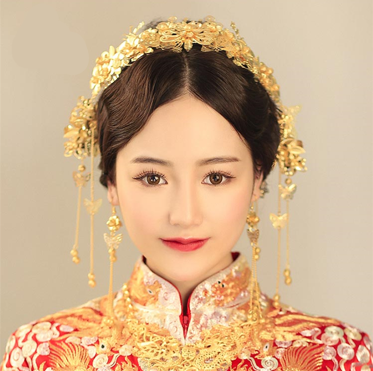 中式新娘精美頭飾，金色發飾套裝步搖鳳冠