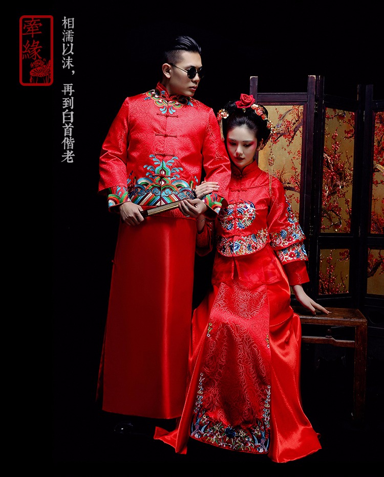 中國古典元素刺繡新娘禮服，敬酒服長袖春裝