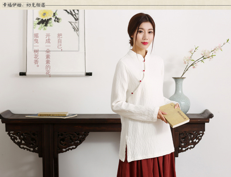 紅梅落雪復古棉麻唐裝女中式長袖上衣