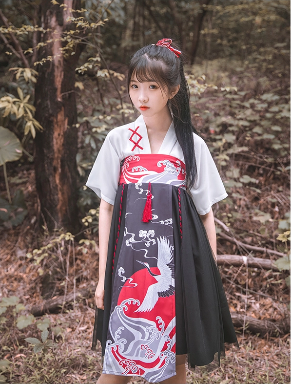 古風漢元素女童仙鶴印花齊胸襦裙古裝漢服