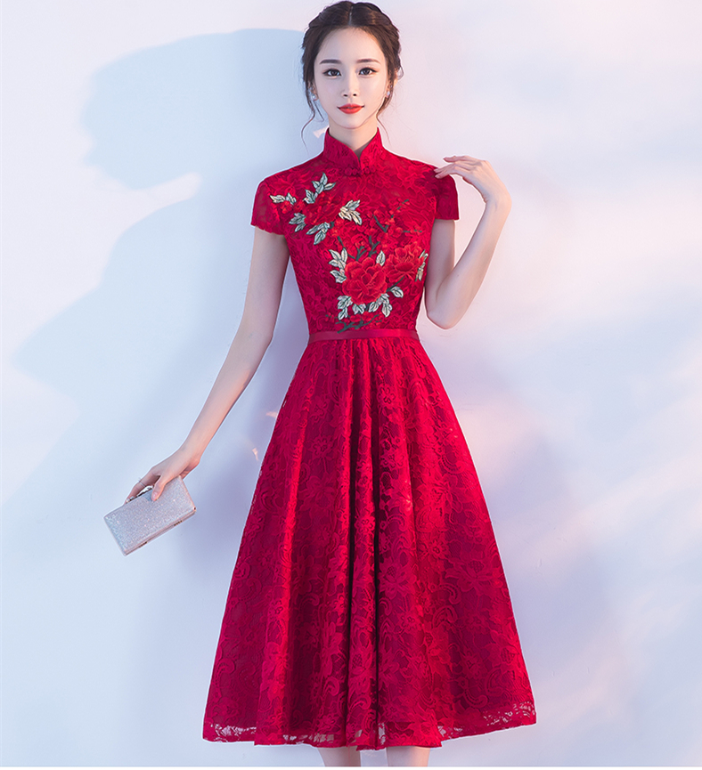夏季酒紅色立領(lǐng)旗袍中式結(jié)婚禮服