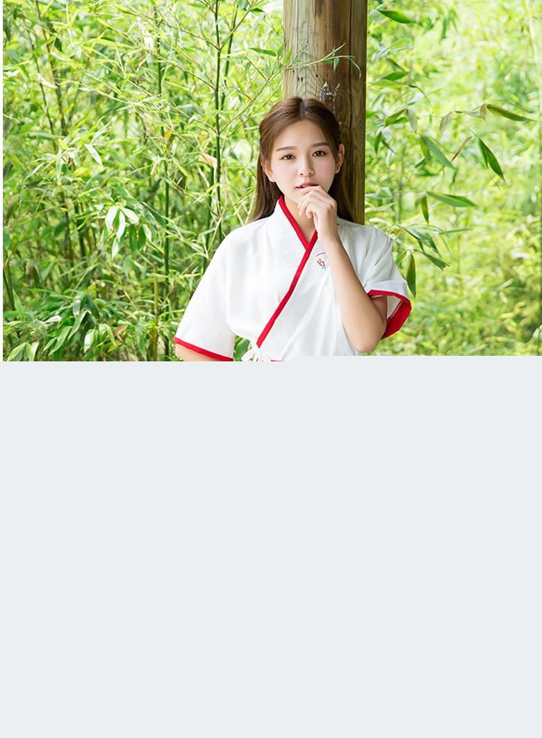 漢元素交領紅白拼接繡扇夏裝