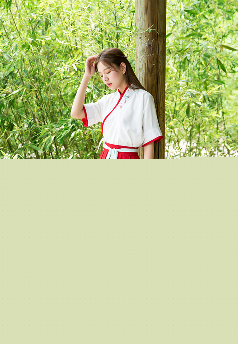 漢元素交領紅白拼接繡扇夏裝