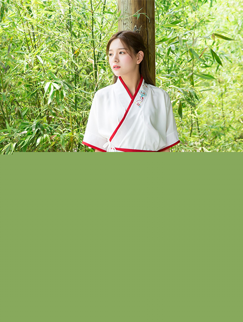 漢元素交領紅白拼接繡扇夏裝