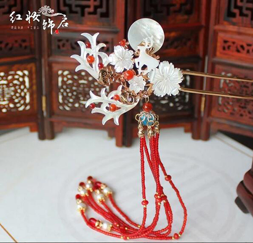 多寶漸變小米珠長流蘇發夾紅妝發簪步搖