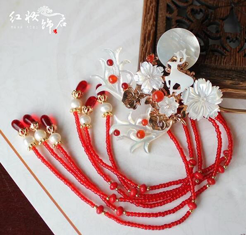 多寶漸變小米珠長流蘇發夾紅妝發簪步搖