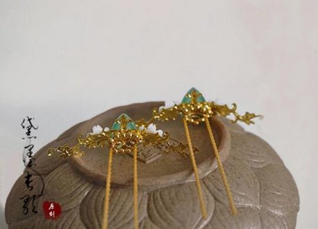 瑪瑙貝殼花黃銅小發簪釵子