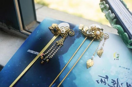 黃銅古風發簪流蘇白蝶貝殼發飾月亮釵